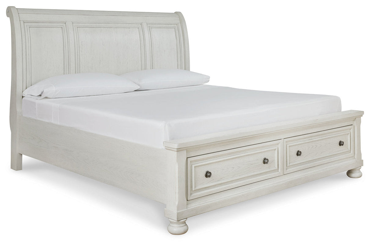 Robbinsdale Antique White California King Sleigh Storage Platform Bed by Ashley at Eve Furniture