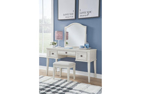 Robbinsdale Antique White Mirrored Vanity with Bench by Ashley at Eve Furniture