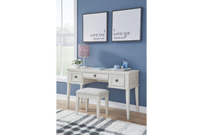 Robbinsdale Antique White Vanity with Stool by Ashley at Eve Furniture