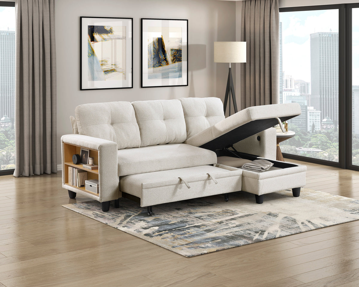 Robinson Beige Sectional with Reversible Chaise, Pull-out Bed, Shelves and Charging Ports by Homelegance at Eve Furniture