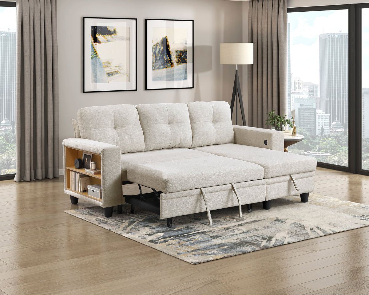 Robinson Beige Sectional with Reversible Chaise, Pull-out Bed, Shelves and Charging Ports by Homelegance at Eve Furniture