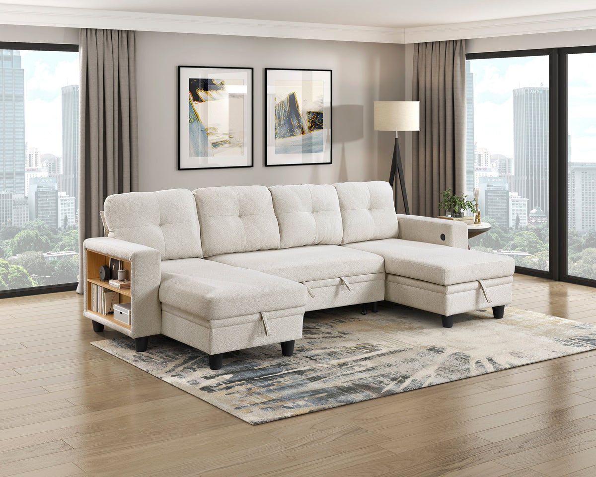 Robinson Beige Sectional with Two Chaises, Pull-out Bed, Shelves and Charging Ports by Homelegance at Eve Furniture