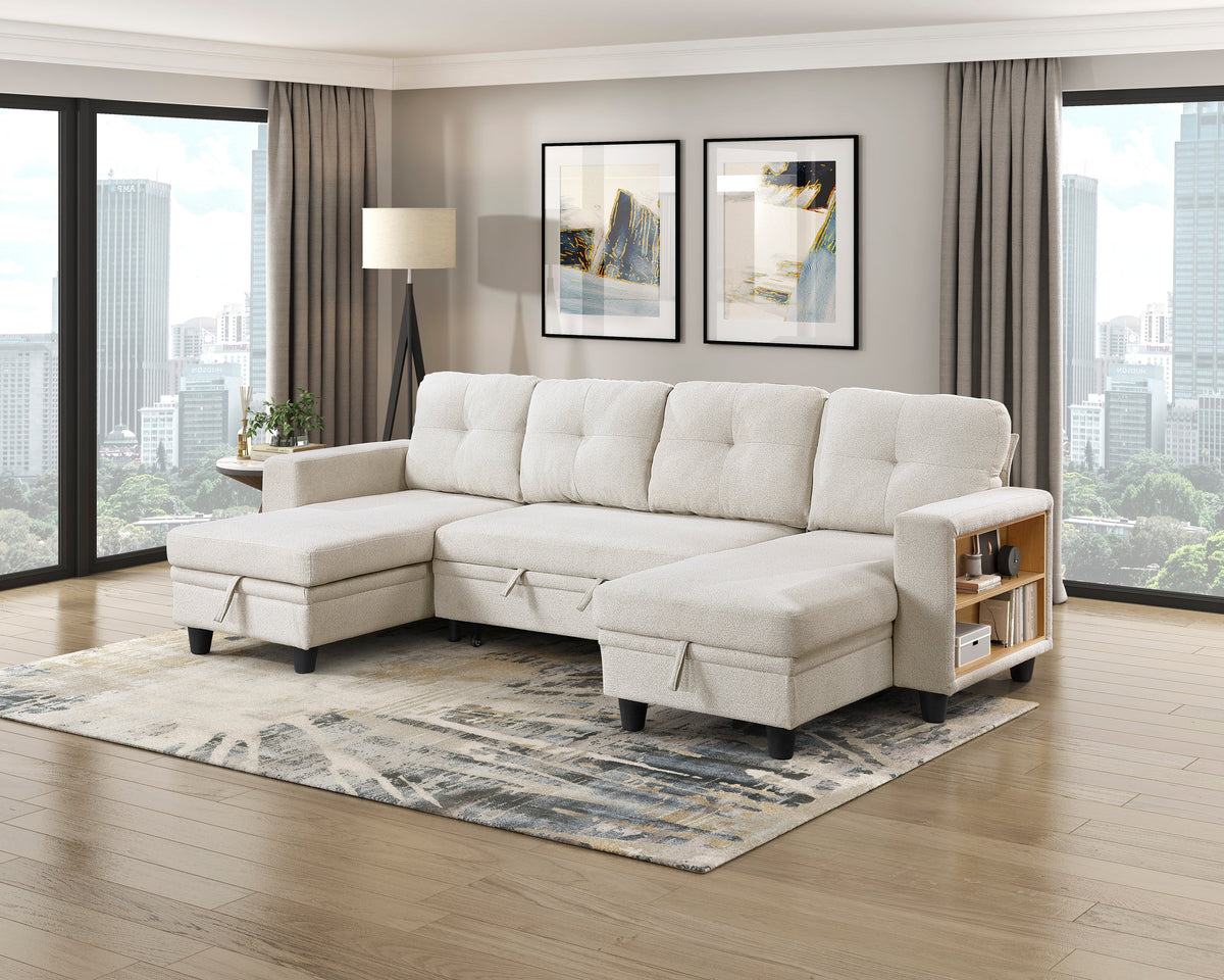 Robinson Beige Sectional with Two Chaises, Pull-out Bed, Shelves and Charging Ports by Homelegance at Eve Furniture