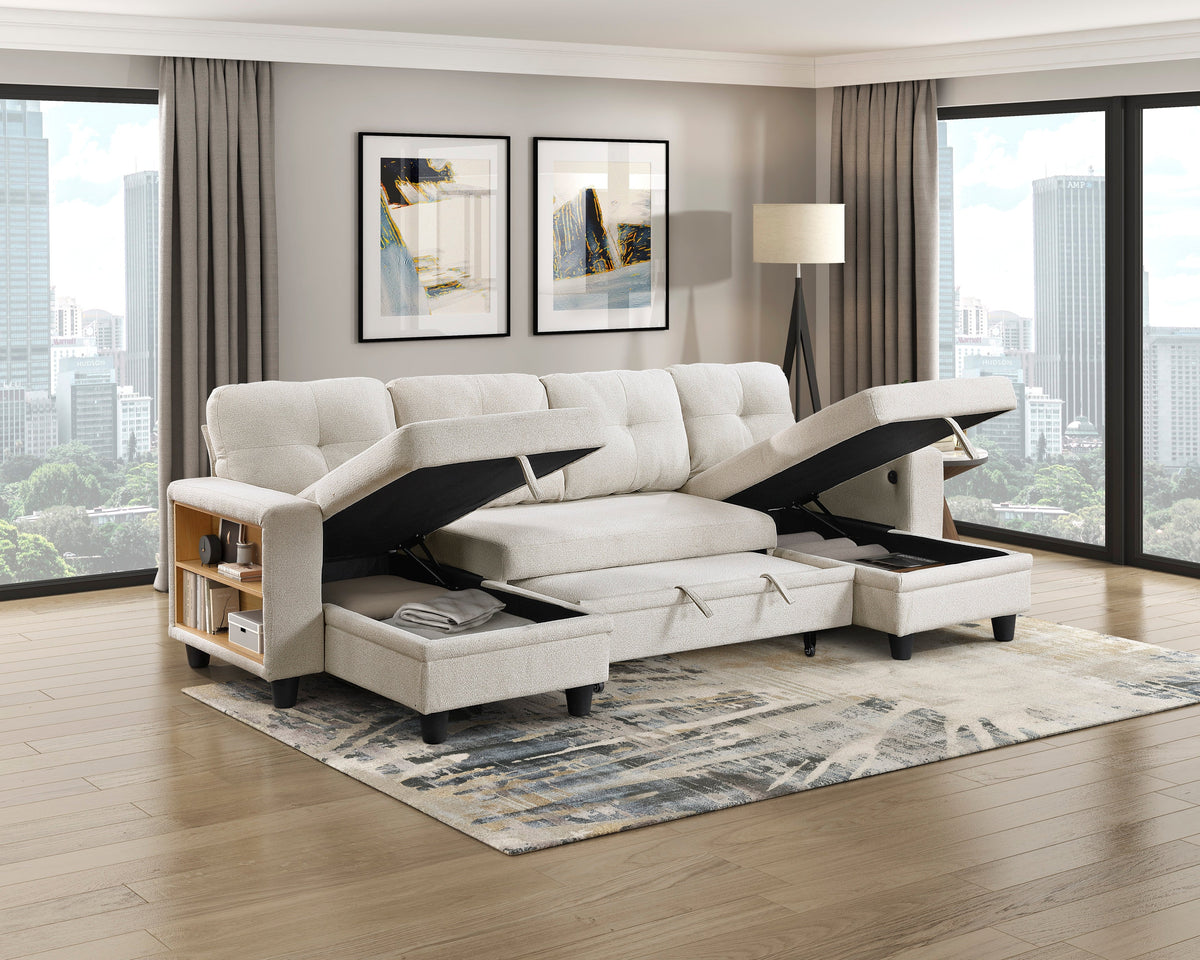 Robinson Beige Sectional with Two Chaises, Pull-out Bed, Shelves and Charging Ports by Homelegance at Eve Furniture
