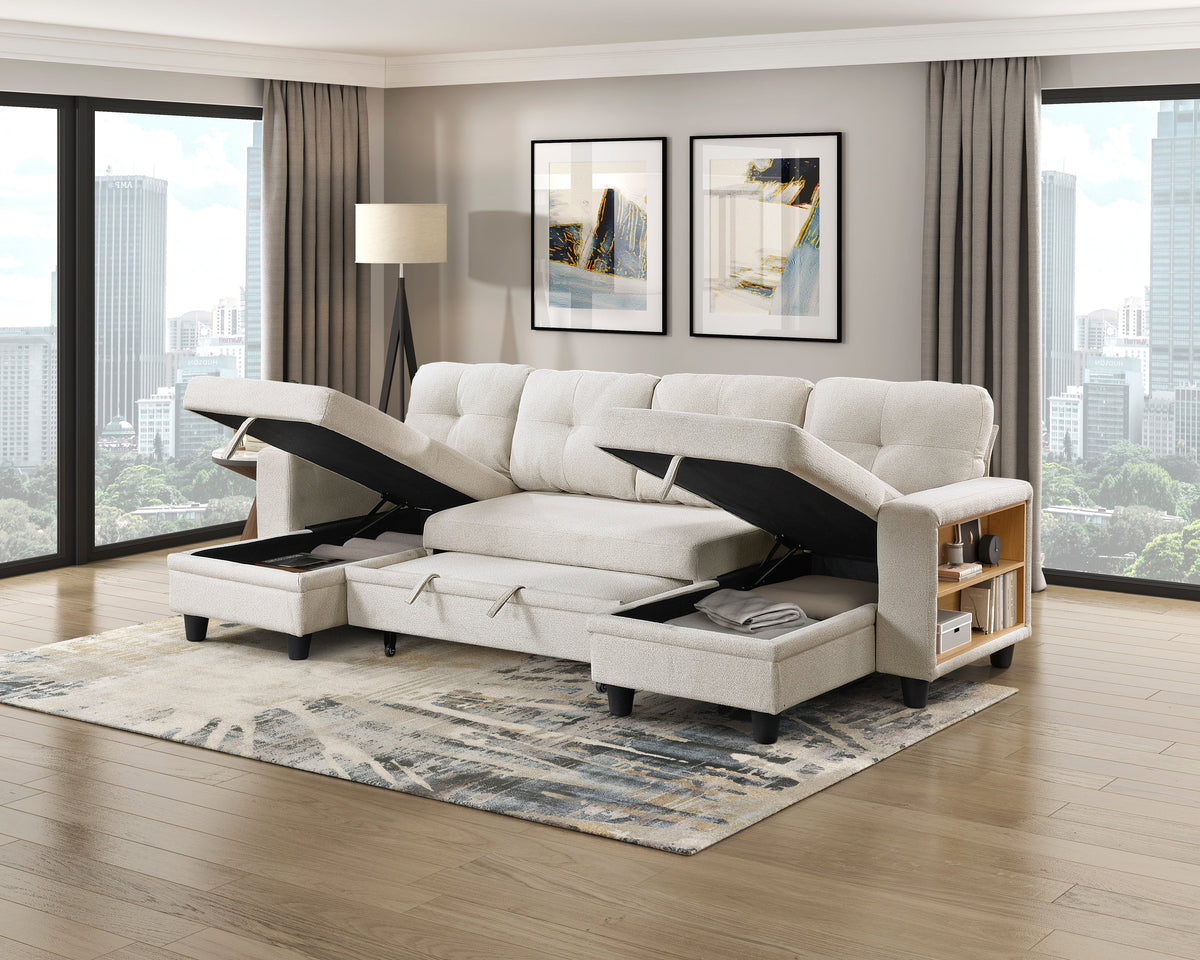 Robinson Beige Sectional with Two Chaises, Pull-out Bed, Shelves and Charging Ports by Homelegance at Eve Furniture