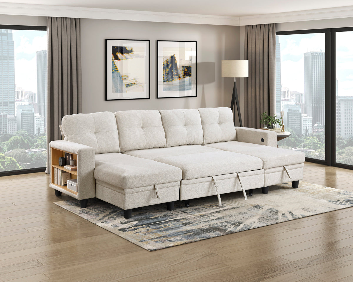 Robinson Beige Sectional with Two Chaises, Pull-out Bed, Shelves and Charging Ports by Homelegance at Eve Furniture