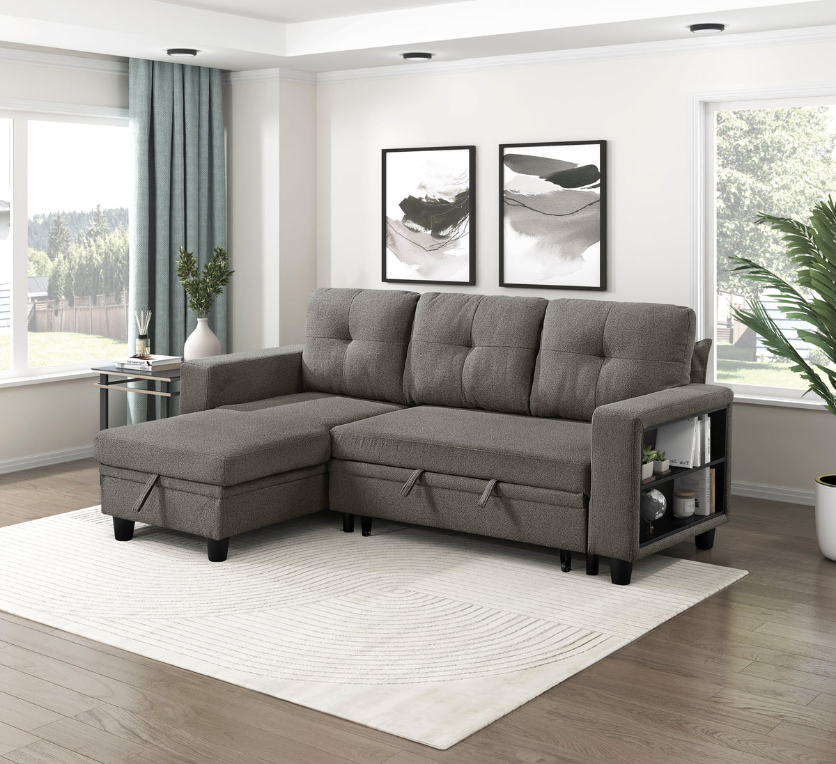 Robinson Dark Brown Sectional with Reversible Chaise, Pull-out Bed, Shelves and Charging Ports by Homelegance at Eve Furniture