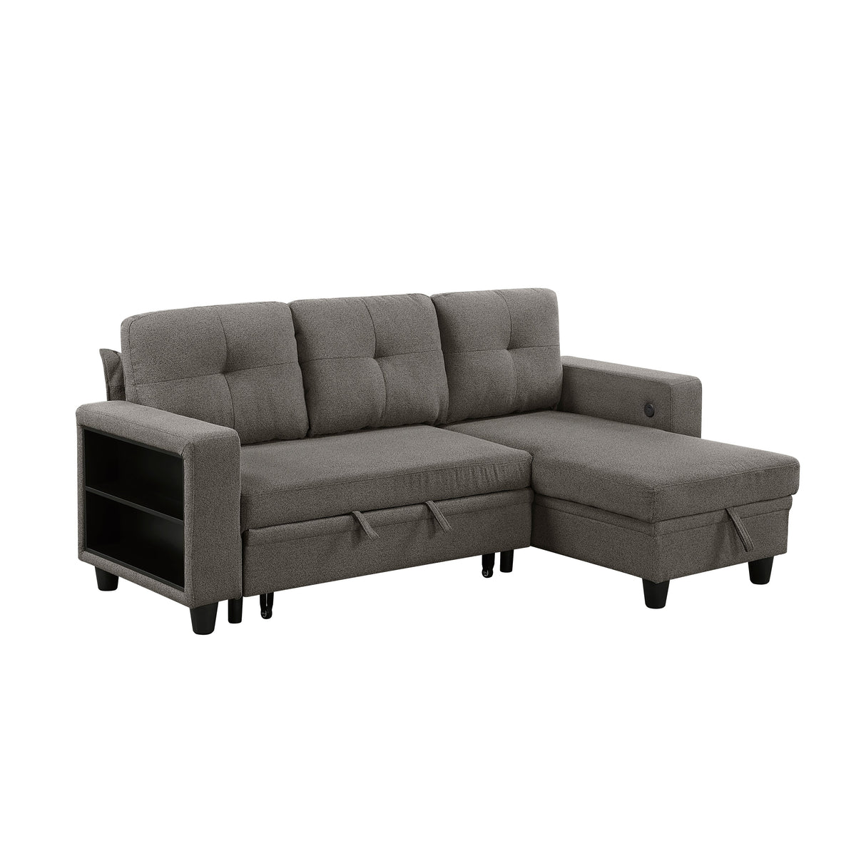 Robinson Dark Brown Sectional with Reversible Chaise, Pull-out Bed, Shelves and Charging Ports by Homelegance at Eve Furniture
