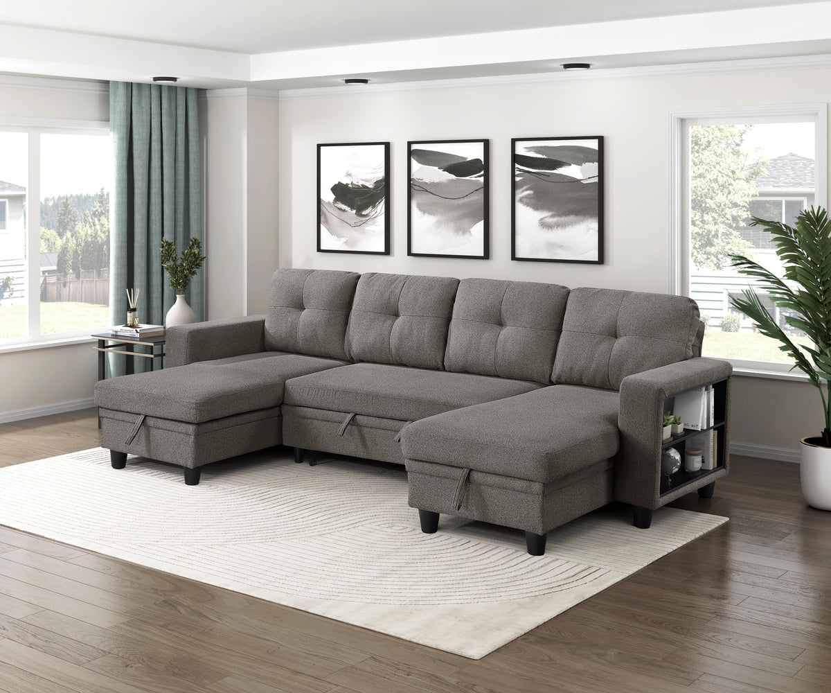 Robinson Dark Brown Sectional with Two Chaises, Pull-out Bed, Shelves and Charging Ports by Homelegance at Eve Furniture