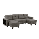 Robinson Dark Brown Sectional with Two Chaises, Pull-out Bed, Shelves and Charging Ports by Homelegance at Eve Furniture