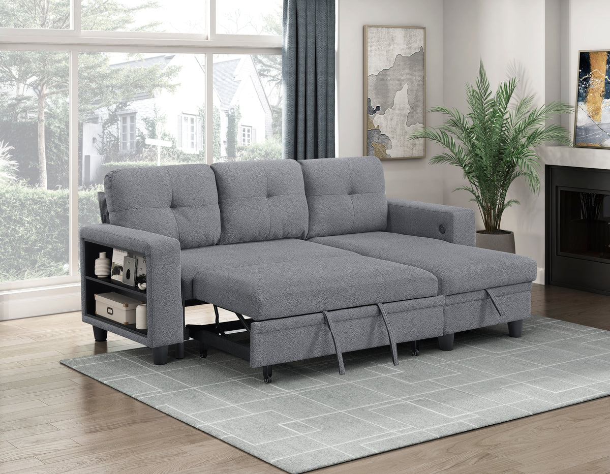 Robinson Gray Sectional with Reversible Chaise, Pull-out Bed, Shelves and Charging Ports by Homelegance at Eve Furniture