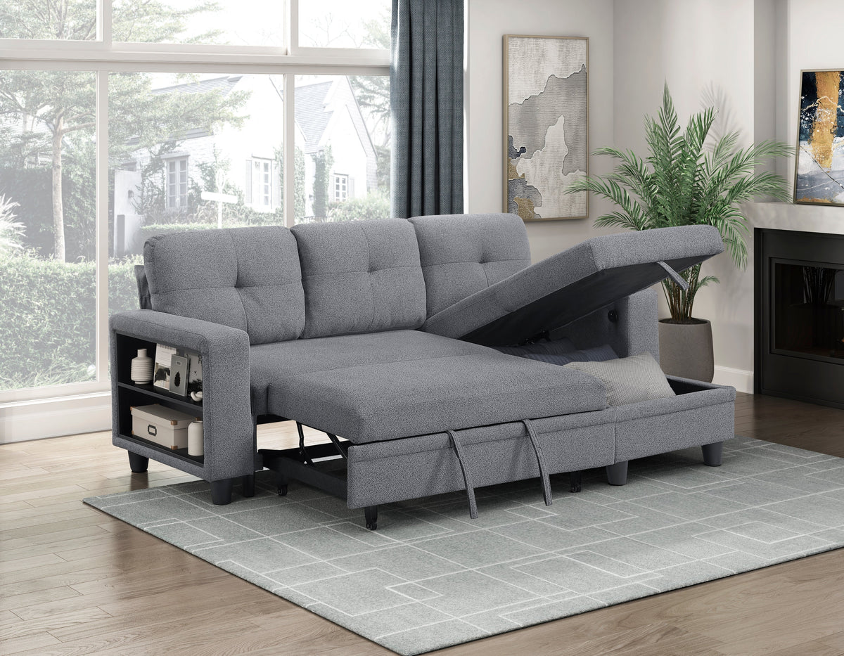 Robinson Gray Sectional with Reversible Chaise, Pull-out Bed, Shelves and Charging Ports by Homelegance at Eve Furniture