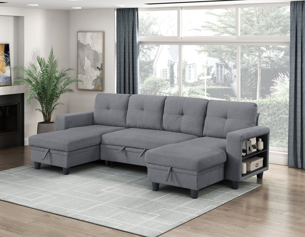 Robinson Gray Sectional with Two Chaises, Pull-out Bed, Shelves and Charging Ports by Homelegance at Eve Furniture