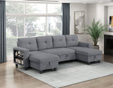 Robinson Gray Sectional with Two Chaises, Pull-out Bed, Shelves and Charging Ports by Homelegance at Eve Furniture