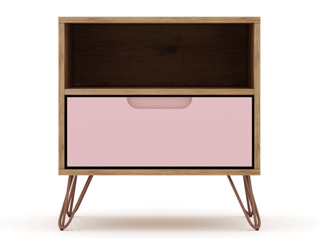 Rockefeller 1.0 Nightstand in Nature and Rose Pink by Manhattan Comfort at Eve Furniture