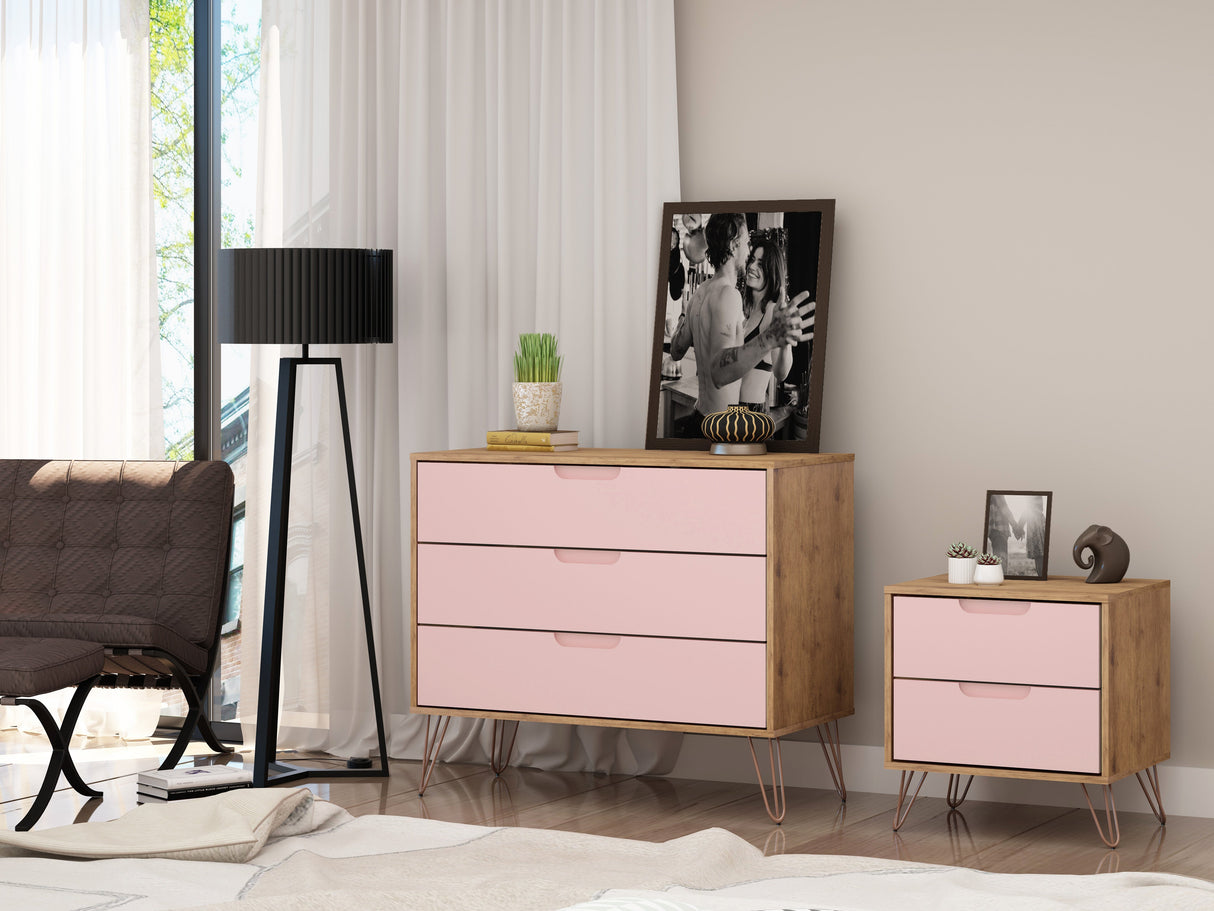 Rockefeller Dresser and Nightstand Set in Nature and Rose Pink by Manhattan Comfort at Eve Furniture