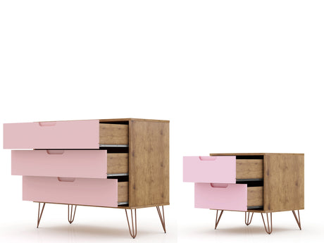 Rockefeller Dresser and Nightstand Set in Nature and Rose Pink by Manhattan Comfort at Eve Furniture