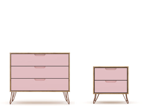 Rockefeller Dresser and Nightstand Set in Nature and Rose Pink by Manhattan Comfort at Eve Furniture
