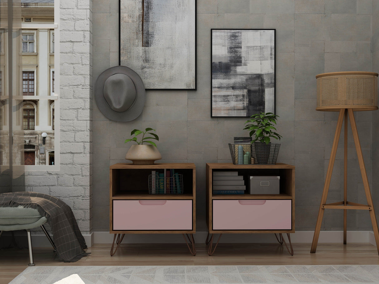 Rockefeller Nightstand 1.0 in Nature and Rose Pink (set of 2) by Manhattan Comfort at Eve Furniture