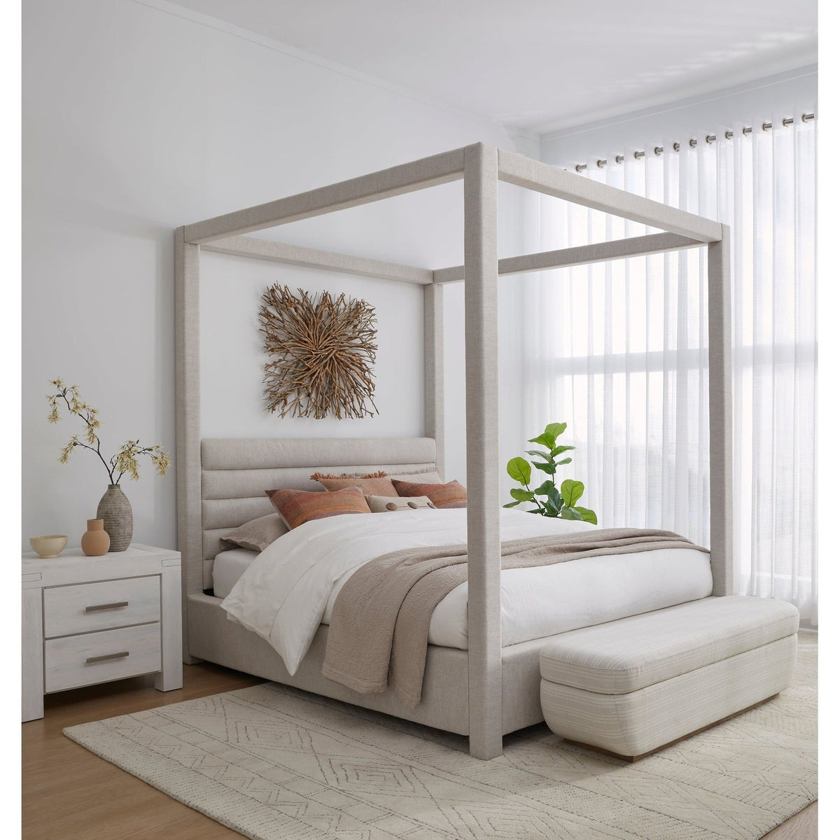 Rockford Upholstered California King Canopy Bed in Turtle Dove Linen ...