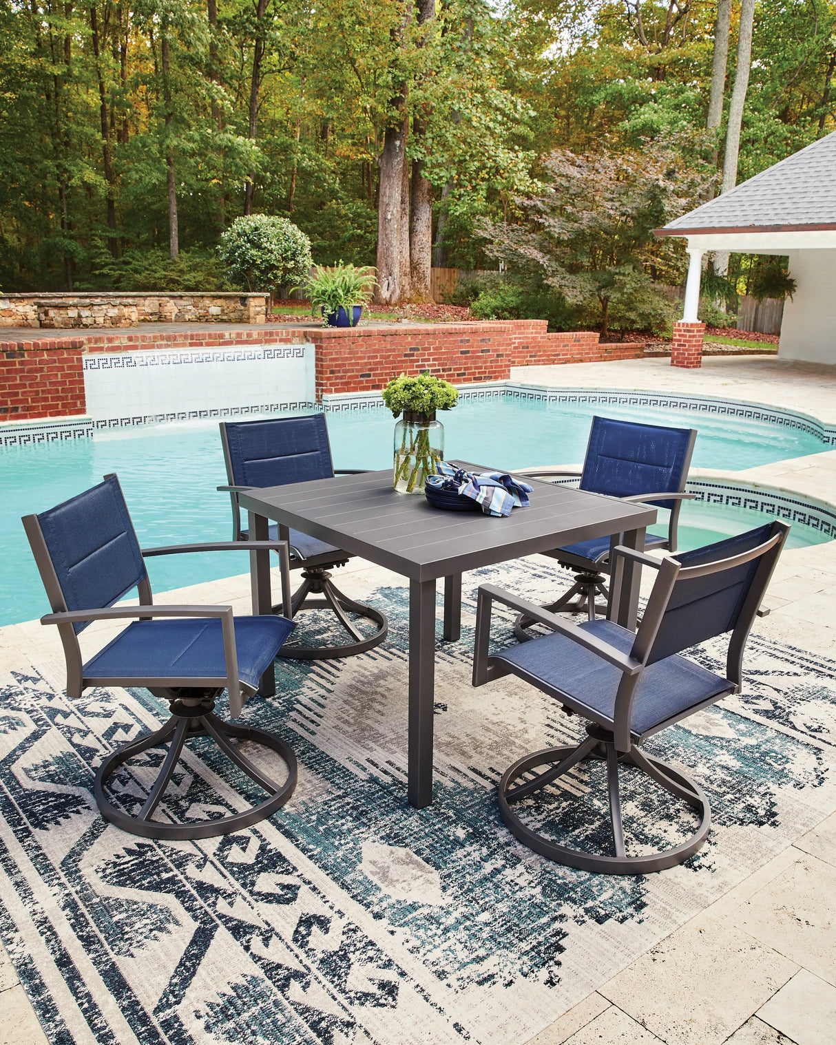 Rocky Creek Blue/Gray Outdoor Dining Table and 4 Arm Chairs by Ashley at Eve Furniture