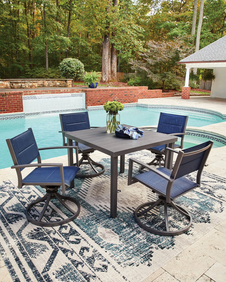 Rocky Creek Blue/Gray Outdoor Dining Table and 4 Arm Chairs by Ashley at Eve Furniture