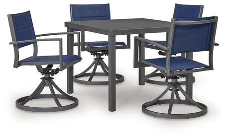 Rocky Creek Blue/Gray Outdoor Dining Table and 4 Arm Chairs by Ashley at Eve Furniture