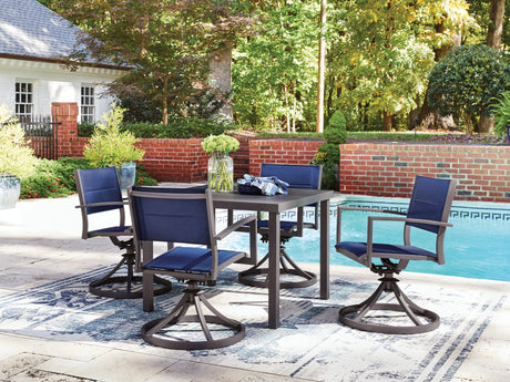Rocky Creek Blue/Gray Outdoor Dining Table and 4 Arm Chairs by Ashley at Eve Furniture