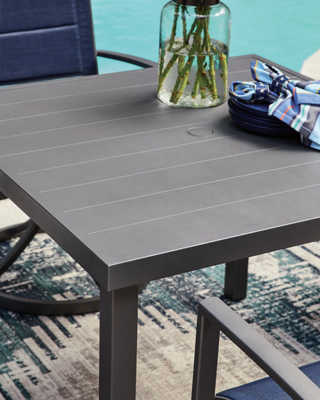 Rocky Creek Blue/Gray Outdoor Dining Table and 4 Arm Chairs by Ashley at Eve Furniture