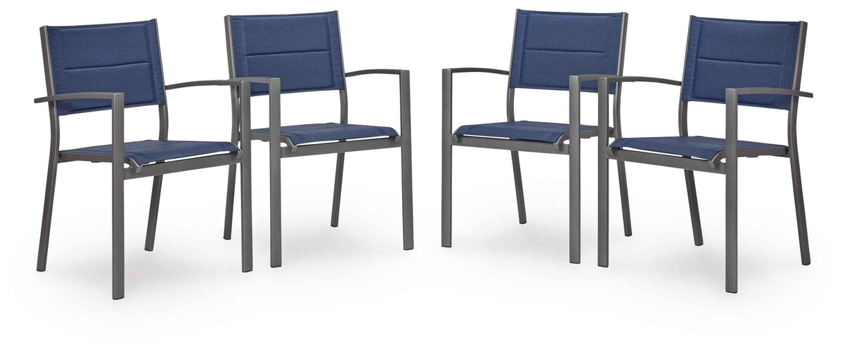 Rocky Creek Blue/Gray Outdoor Sling Arm Chair (Set of 4) by Ashley at Eve Furniture