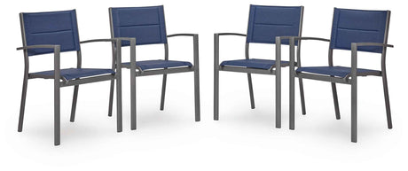 Rocky Creek Blue/Gray Outdoor Sling Arm Chair (Set of 4) by Ashley at Eve Furniture