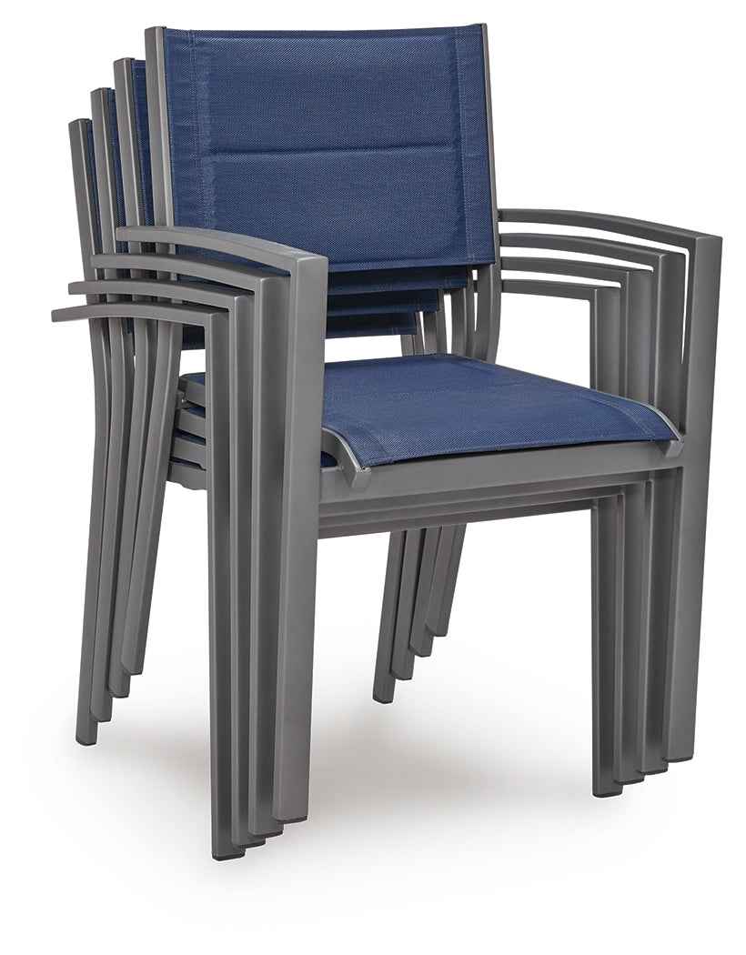 Rocky Creek Blue/Gray Outdoor Sling Arm Chair (Set of 4) by Ashley at Eve Furniture