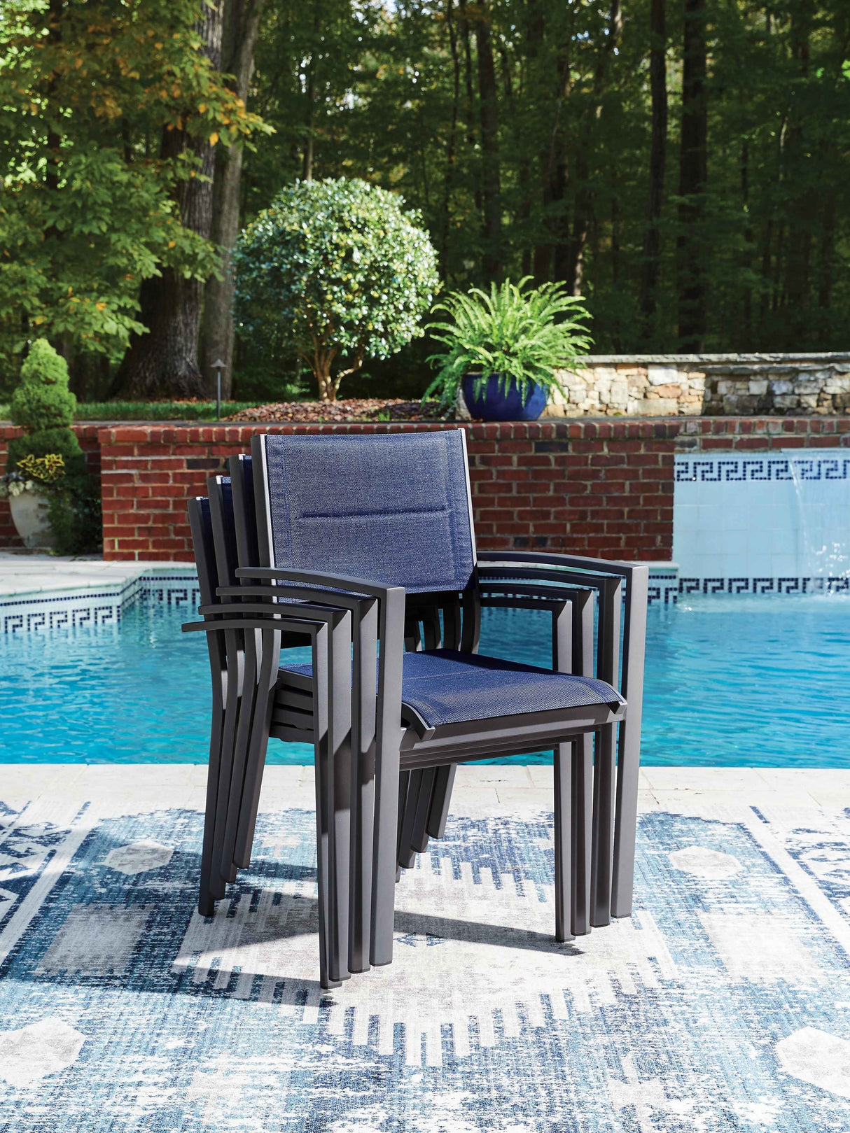 Rocky Creek Blue/Gray Outdoor Sling Arm Chair (Set of 4) by Ashley at Eve Furniture