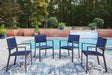 Rocky Creek Blue/Gray Outdoor Sling Arm Chair (Set of 4) by Ashley at Eve Furniture