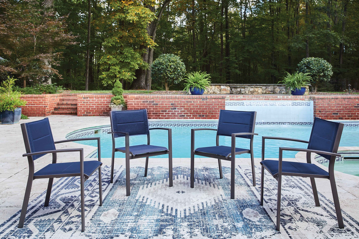 Rocky Creek Blue/Gray Outdoor Sling Arm Chair (Set of 4) by Ashley at Eve Furniture