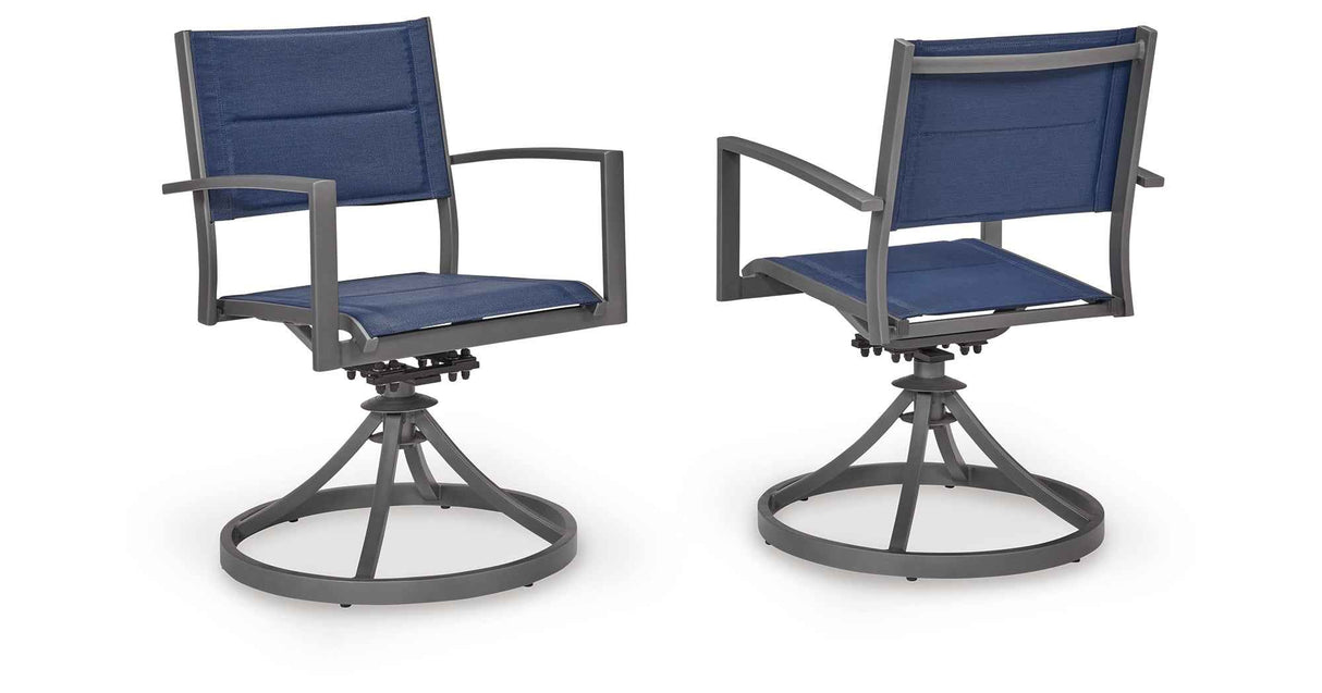Rocky Creek Blue/Gray Outdoor Sling Swivel Chair (Set of 2) by Ashley at Eve Furniture