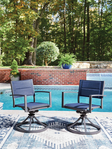 Rocky Creek Blue/Gray Outdoor Sling Swivel Chair (Set of 2) by Ashley at Eve Furniture