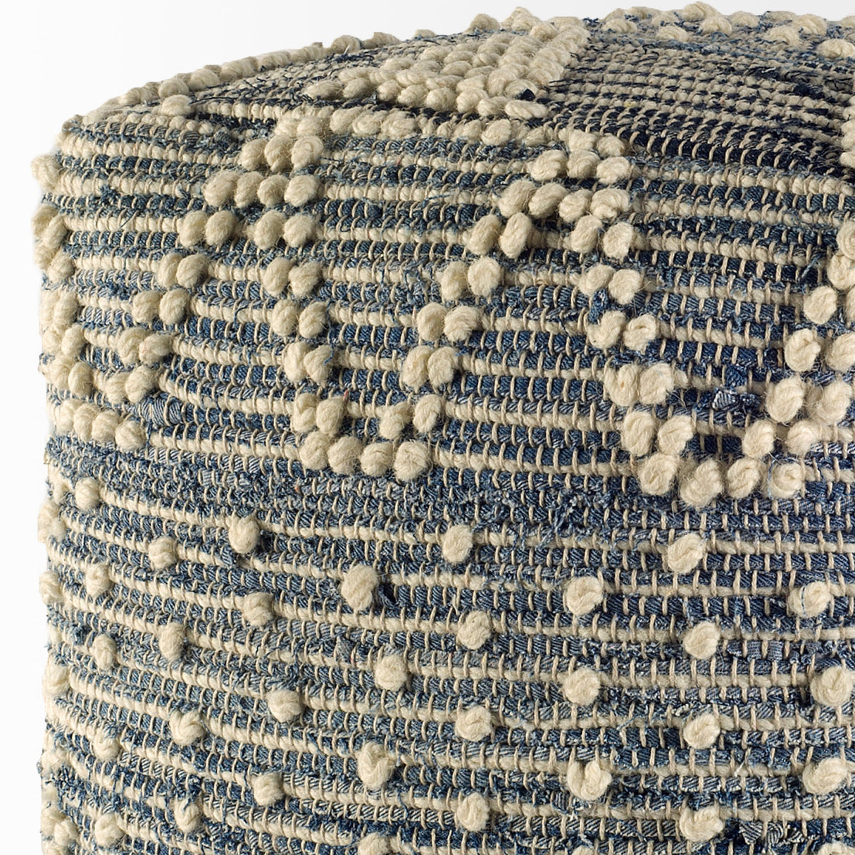 Rofi Blue Denim and Cream Cotton Stitched Square Pouf by Mercana at Eve Furniture