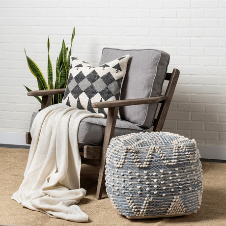 Rofi Blue Denim and Cream Cotton Stitched Square Pouf by Mercana at Eve Furniture