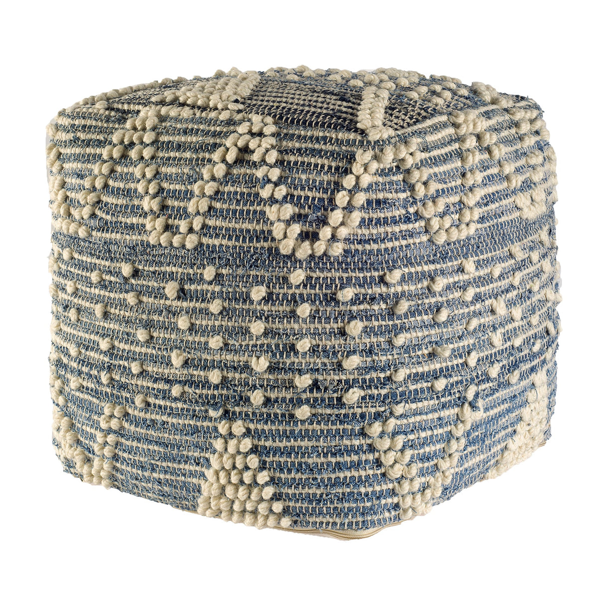Rofi Blue Denim and Cream Cotton Stitched Square Pouf by Mercana at Eve Furniture