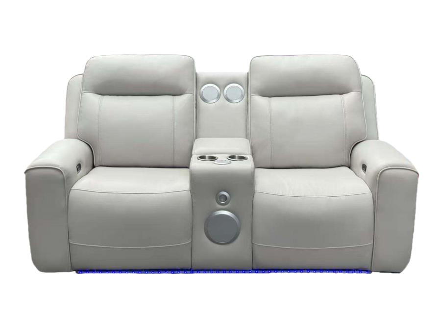 Rojas Greige Dual Power Reclining Loveseat with Bluetooth Speakers