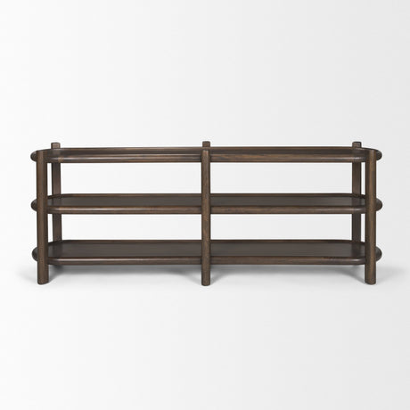 Romi Dark Brown Wood w/ 3 Shelves Oval Console Table by Mercana at Eve Furniture