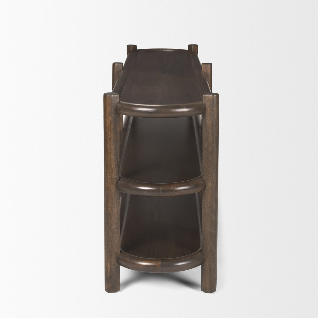 Romi Dark Brown Wood w/ 3 Shelves Oval Console Table by Mercana at Eve Furniture