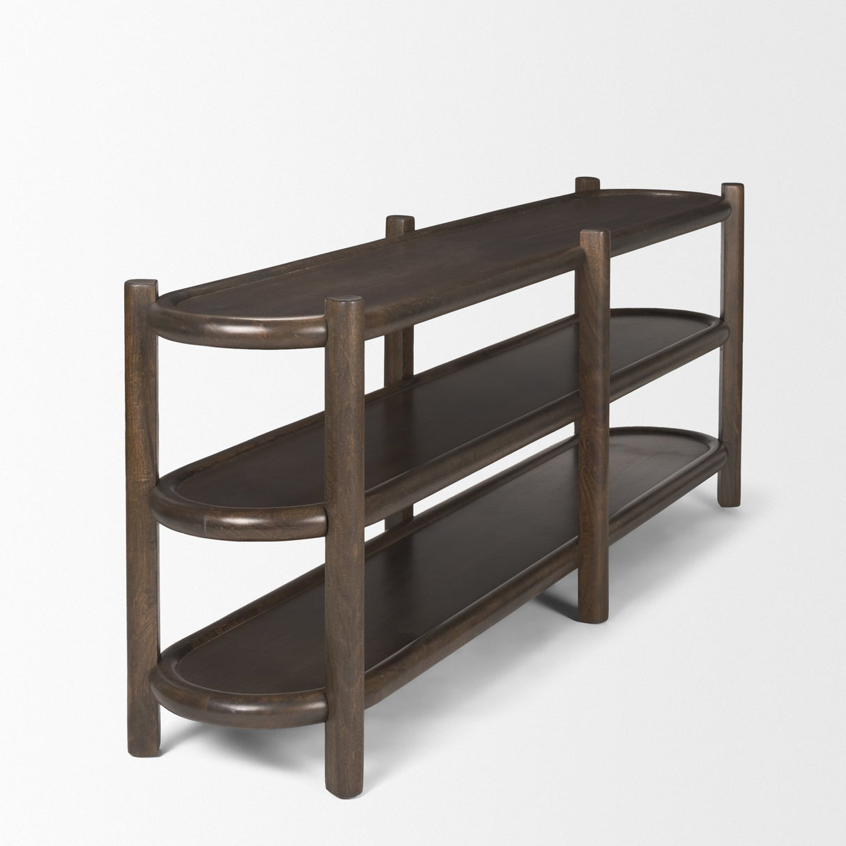 Romi Dark Brown Wood w/ 3 Shelves Oval Console Table by Mercana at Eve Furniture