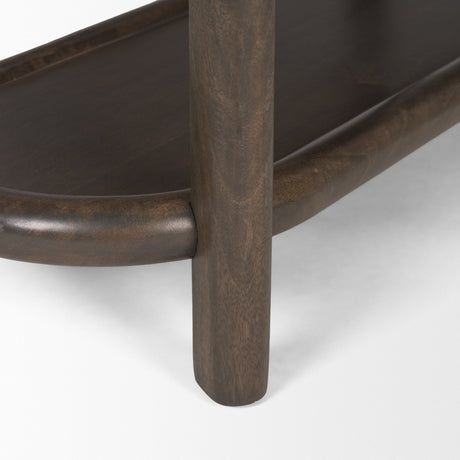 Romi Dark Brown Wood w/ 3 Shelves Oval Console Table by Mercana at Eve Furniture