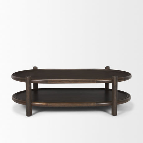 Romi Dark Brown Wood w/ Bottom Shelf Oval Coffee Table by Mercana at Eve Furniture