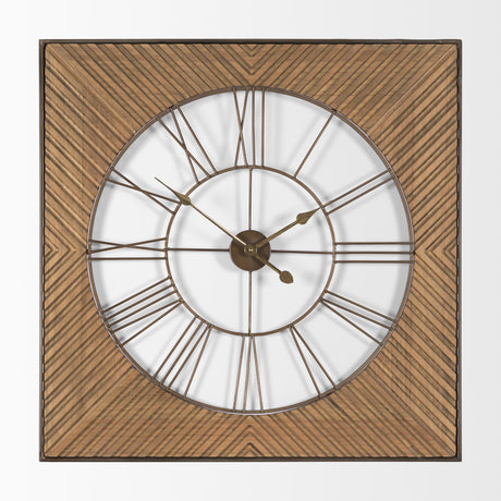 Rondell Light Brown Wood W/ Gold Metal Wall Clock by Mercana at Eve Furniture