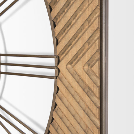 Rondell Light Brown Wood W/ Gold Metal Wall Clock by Mercana at Eve Furniture