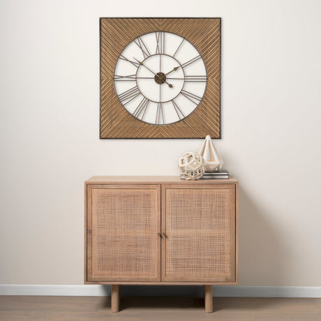 Rondell Light Brown Wood W/ Gold Metal Wall Clock by Mercana at Eve Furniture