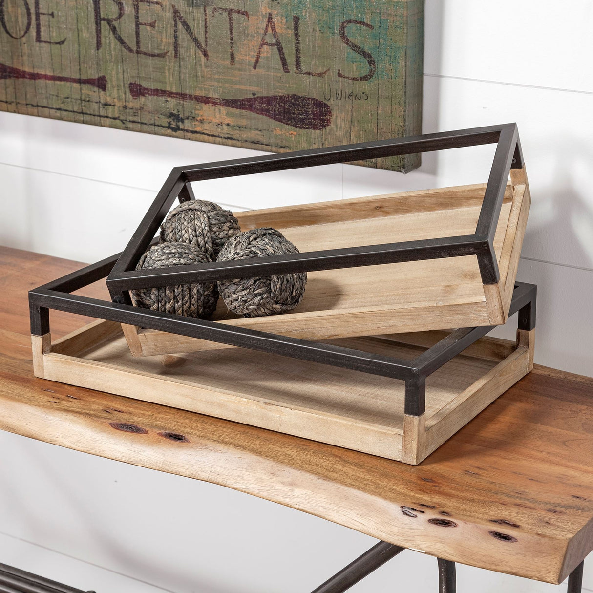 Ross Set of 2 Natural Wood W/ Black Metal Nesting Trays by Mercana at Eve Furniture